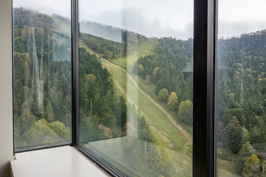 RISONARE套房大片落地窗外的森林與山景