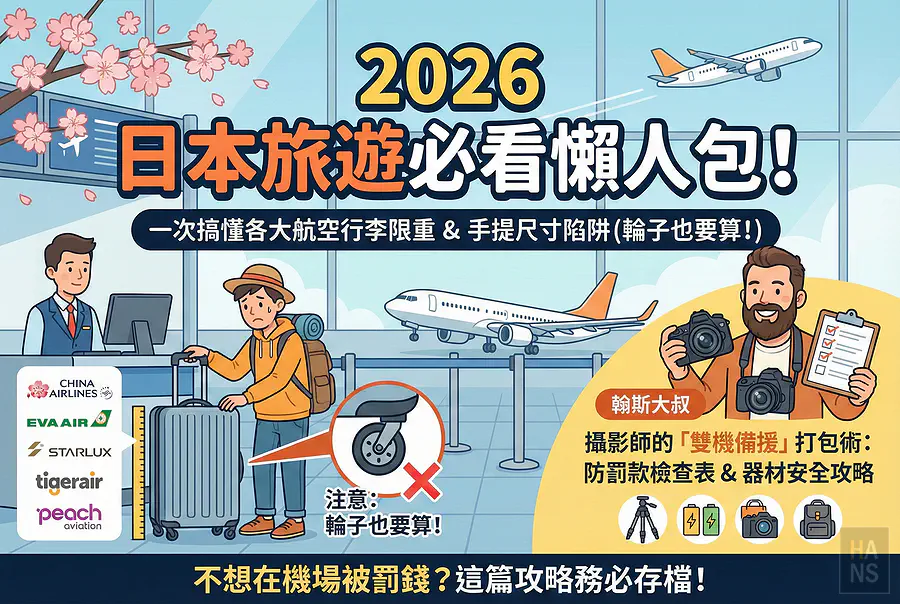 2026日本行李規定懶人包》別被罰錢!廉航手提尺寸/輪子限制、攝影器材託運、防超重全攻略 2026日本航空行李規定比較表_banner