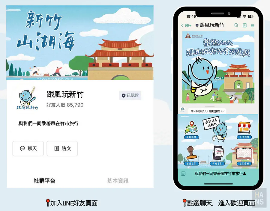 加入跟風玩新竹 LINE 官方帳號，點選聊天進入導覽介面