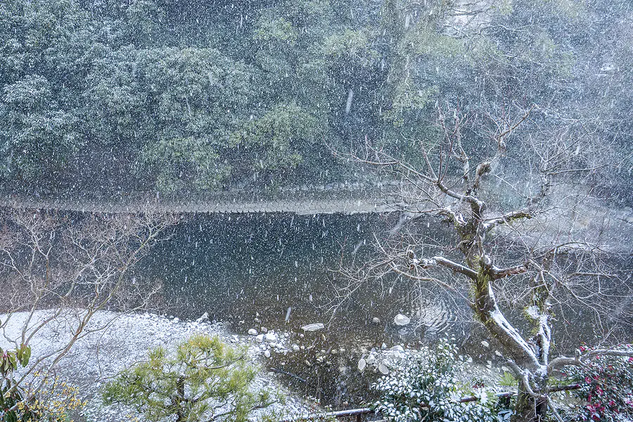 從大村屋客房看出去飄著初雪的絕美窗景