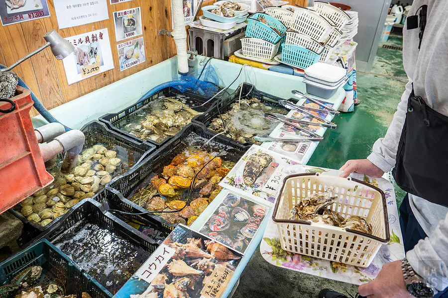 拿著籃子在海道丸自行挑選喜歡的活跳跳海鮮