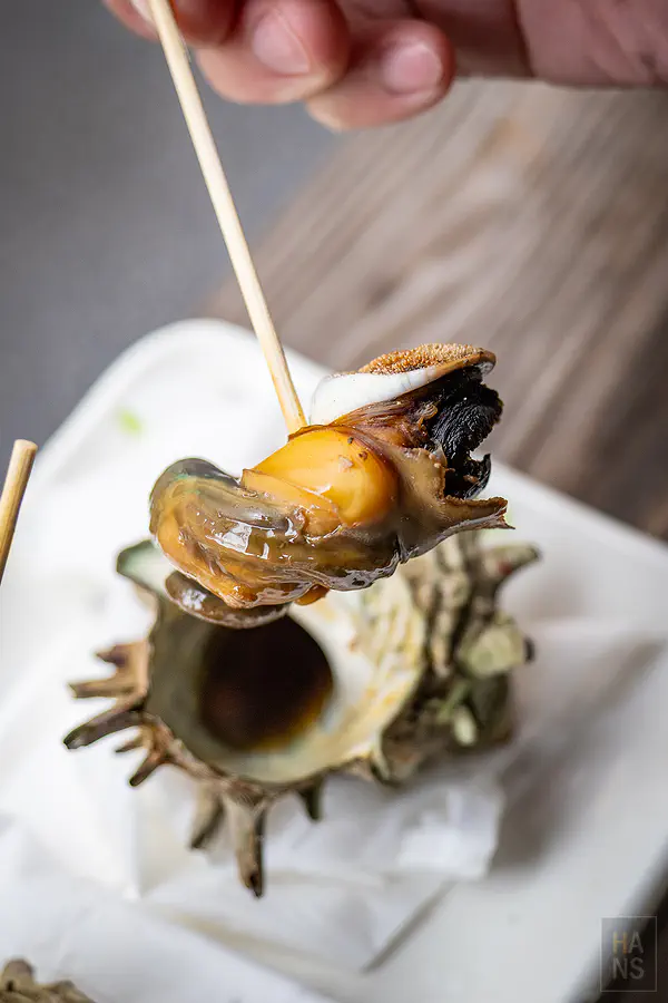 用竹籤挑起肥美Q彈且海味鮮明的呼子烤蠑螺肉