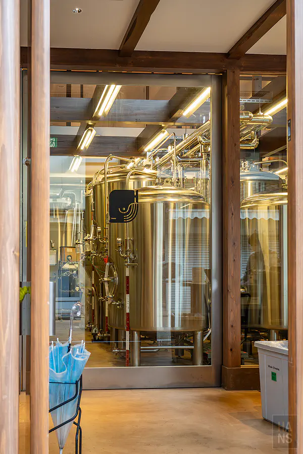 透過大玻璃窗欣賞Whale Brewing內部閃亮的精釀啤酒設備