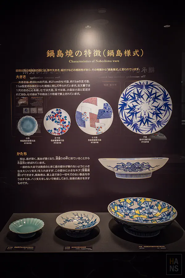介紹鍋島樣式特徵與各種尺寸瓷盤規格的展示