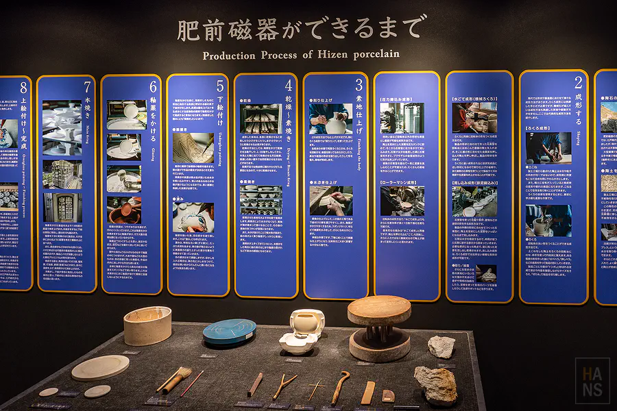 詳細解說肥前磁器八大製作工序的圖文展板與製陶工具