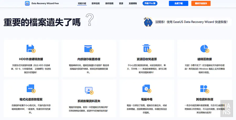 EaseUS 支援多種檔案遺失情境包含格式化還原硬碟救援與電腦中毒