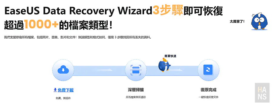 EaseUS Data Recovery Wizard 強調簡單快速的三步驟資料恢復流程