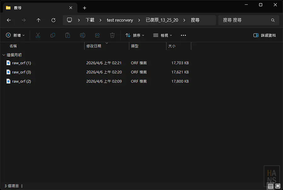 成功復原的相機RAW檔列表完美保留了原始的檔案容量